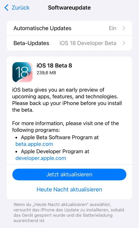 景县苹果手机维修分享苹果 iOS / iPadOS 18 开发者预览版 Beta 8 发布 